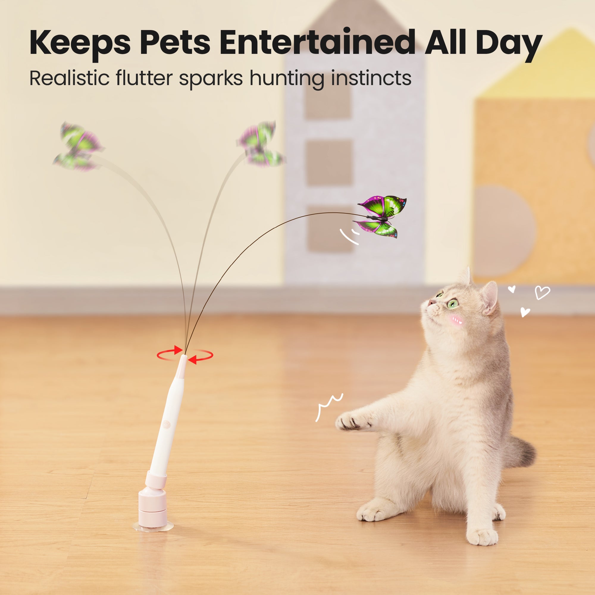 Potaroma Spinning Butterfly Cat Toy Wand – Electric Interactive Cat Teaser with Suction Cup
