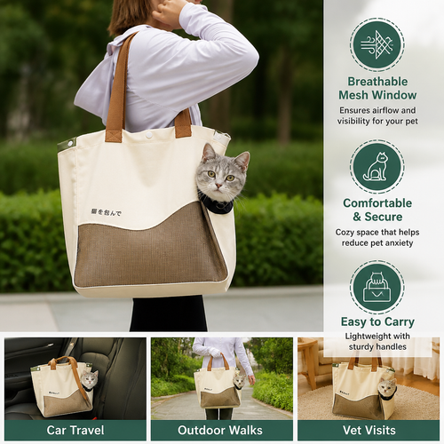 Breathable Canvas Cat Carrier Tote Bag with Mesh Window